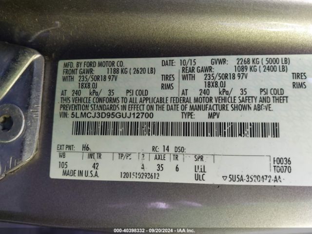 5LMCJ3D95GUJ12700 Lincoln Mkc Reserve