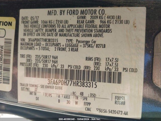 Ford FUSION SE 2017 3FA6P0H77HR383315 Image 9