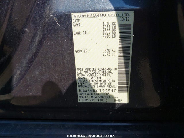 Aukcja sprzedaży 2013 Nissan Altima 2.5, vin: 1N4AL3AP0DC155540, numer aukcji: 40398437