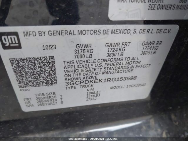 3GCPDKEK1RG153598 Chevrolet Silverado 1500 4wd  Short Bed Lt With 2fl