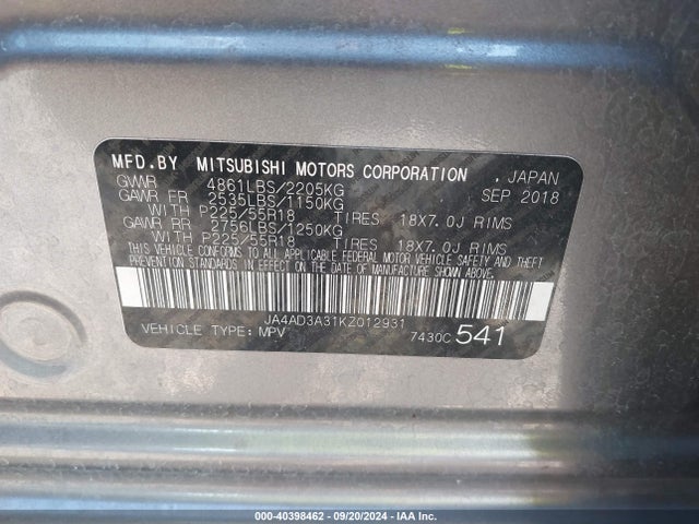 2019 MITSUBISHI OUTLANDER JA4AD3A31KZ012931 Photo 8