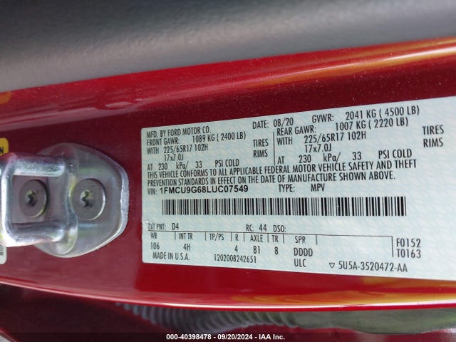 Ford ESCAPE SE 2020 1FMCU9G68LUC07549 Image 9