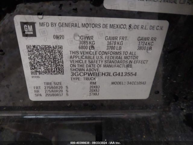 3GCPWBEH3LG413554 Chevrolet Silverado 1500 2wd  Short Bed Custom