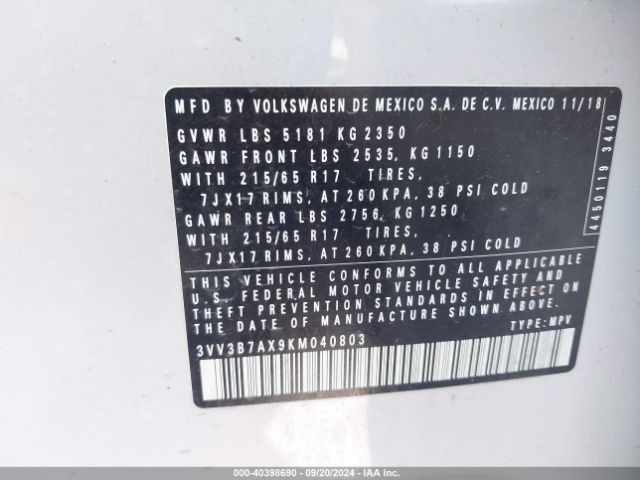 3VV3B7AX9KM040803 Volkswagen Tiguan 2.0t Se/2.0t Sel/2.0t Sel R-line/2.0t Sel R-line Black