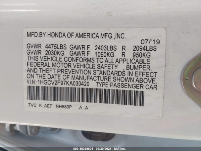 1HGCV2F97KA030420 Honda Accord Touring 2.0t