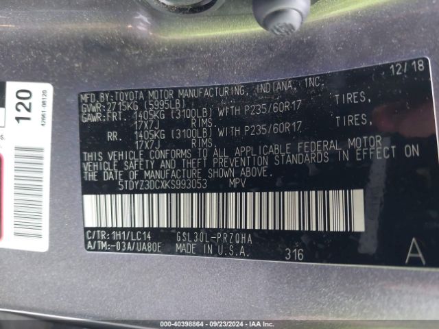 5TDYZ3DCXKS993053 Toyota Sienna Xle 8 Passenger