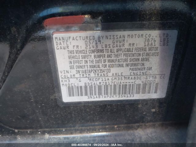 3N1AB7AP2KY354133 Nissan SENTRA SR