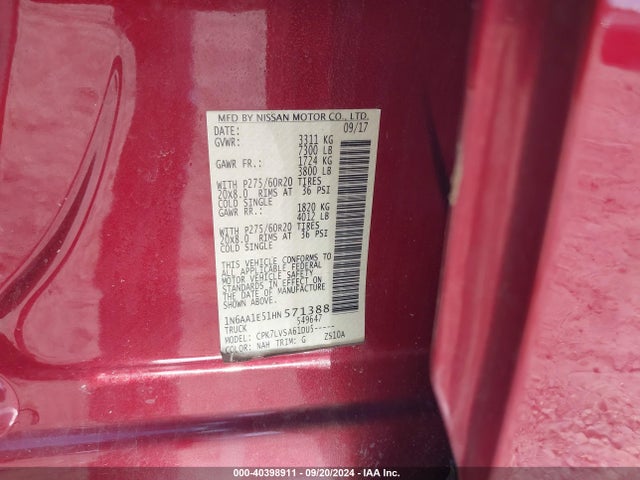 Nissan Titan Sl 2017 1N6AA1E51HN571388 Image 9