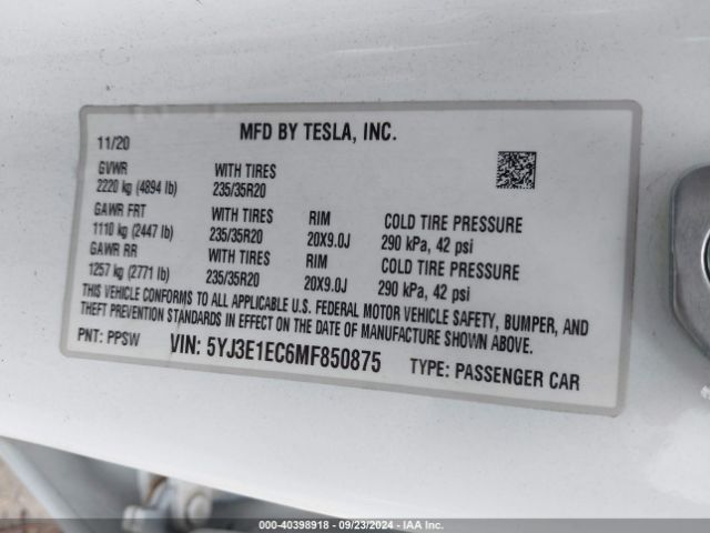 5YJ3E1EC6MF850875 Tesla Model 3 Performance Dual Motor All-wheel Drive
