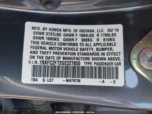 Honda CIVIC EX 2016 19XFC2F72GE227855 Image 9