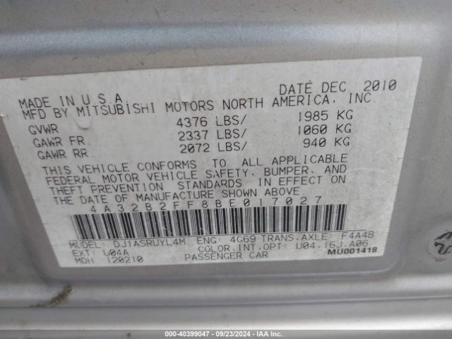 2011 MITSUBISHI GALANT 4A32B2FF8BE017027 Photo 8