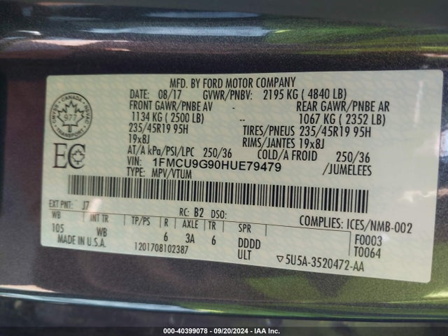 Ford ESCAPE SE 2017 1FMCU9G90HUE79479 Image 9