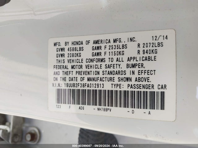 2015 Acura Tlx V6 მანქანა იყიდება აუქციონზე, vin: 19UUB2F38FA012913, აუქციონის ნომერი: 40399087