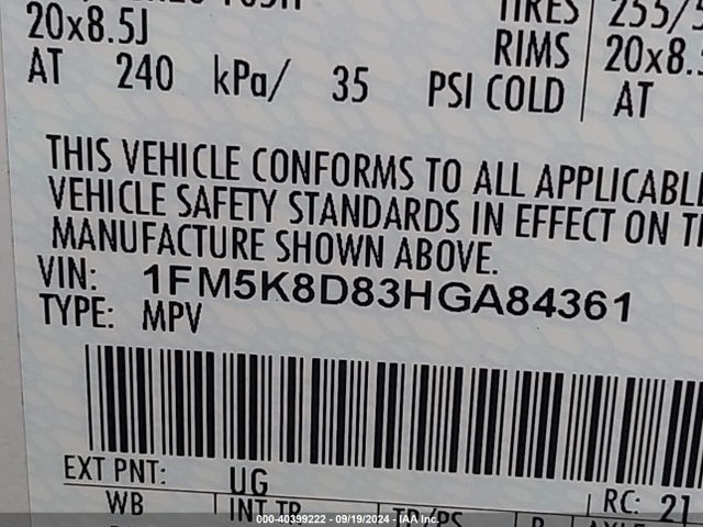 Ford EXPLORER XLT 2017 1FM5K8D83HGA84361 Image 9