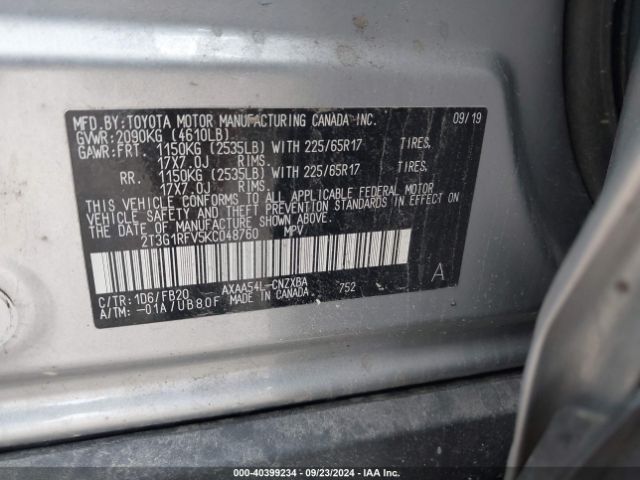 2T3G1RFV5KC048760 Toyota RAV4 LE