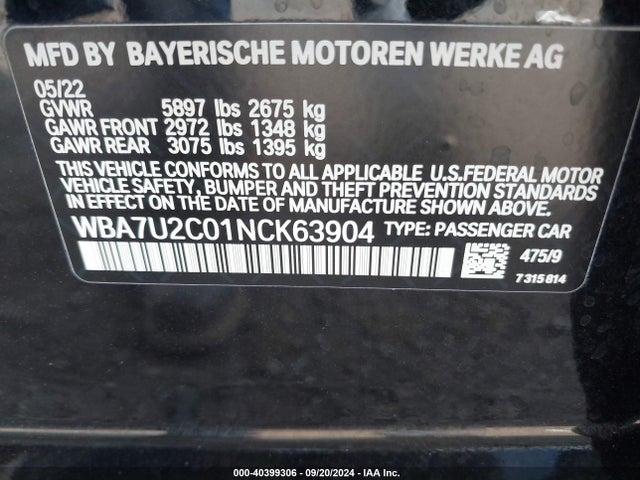 BMW 750 I Xdrive 2022 WBA7U2C01NCK63904 Image 9