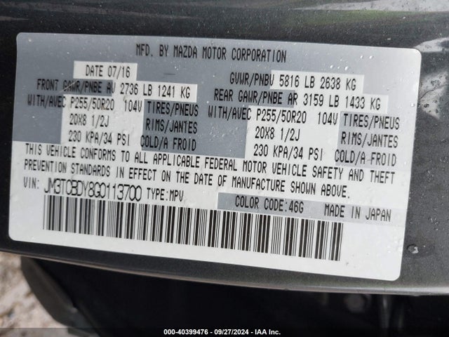 JM3TCBDY8G0113700 Mazda Cx-9 Grand Touring