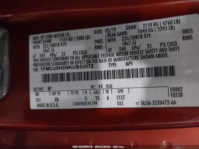 Ford ESCAPE SEL 2019 1FMCU9HD9KUB52072 Image 9