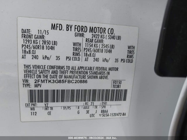 Ford EDGE SE 2015 2FMTK3G85FBC20886 Image 9