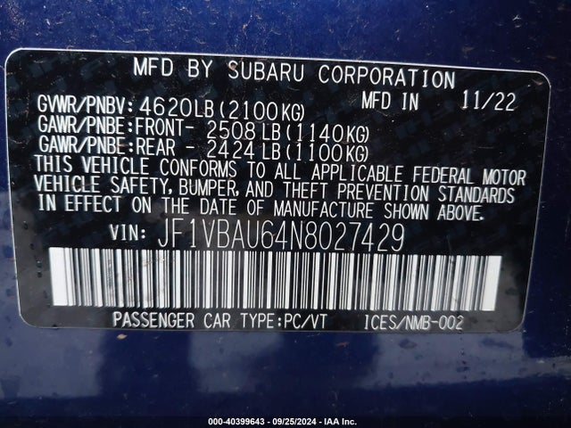 Subaru WRX GT 2022 JF1VBAU64N8027429 Image 9