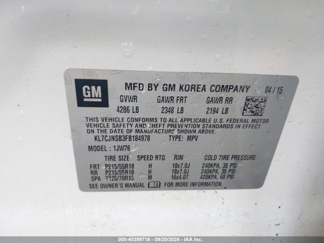Chevrolet TRAX LTZ 2015 KL7CJNSB3FB184978 Image 9