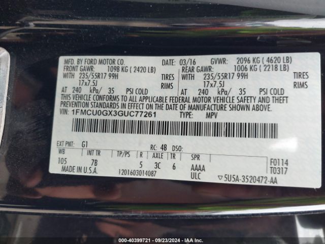 1FMCU0GX3GUC77261 Ford ESCAPE SE