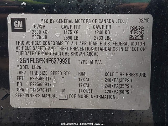Chevrolet Equinox 2lt 2015 2GNFLGEK4F6279920 Image 9