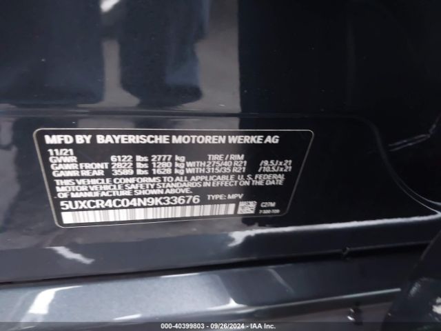5UXCR4C04N9K33676 BMW X5 Sdrive40i