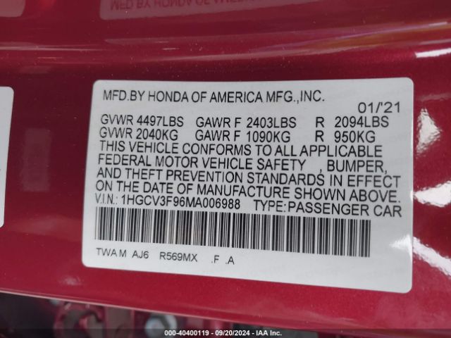 1HGCV3F96MA006988 Honda Accord Hybrid Touring