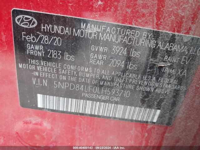 5NPD84LF0LH593710 Hyundai Elantra Value Edition