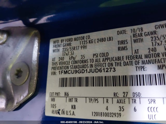 Ford ESCAPE SE 2018 1FMCU9GD1JUD61273 Image 9