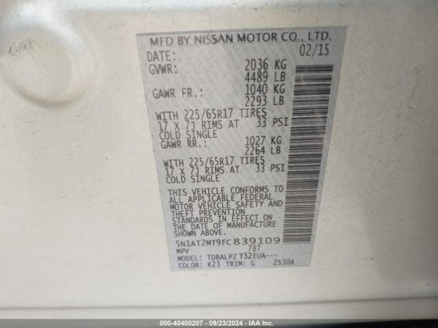 5N1AT2MT9FC839109 Nissan ROGUE S