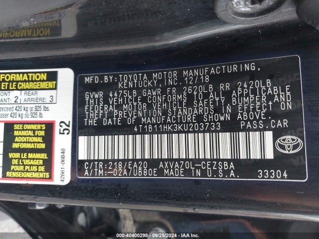 Toyota CAMRY SE 2019 4T1B11HK3KU203733 Image 9