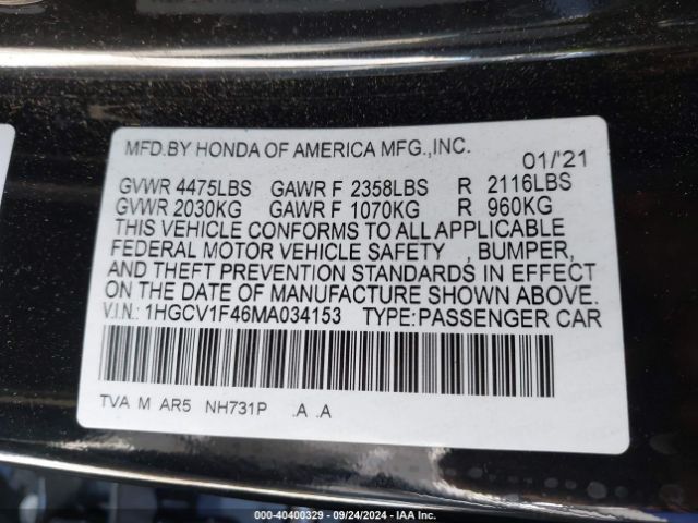 1HGCV1F46MA034153 Honda Accord Sport Special Edition