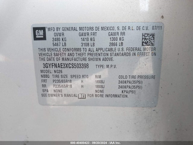 2012 CADILLAC SRX 3GYFNAE3XCS503398 Photo 8