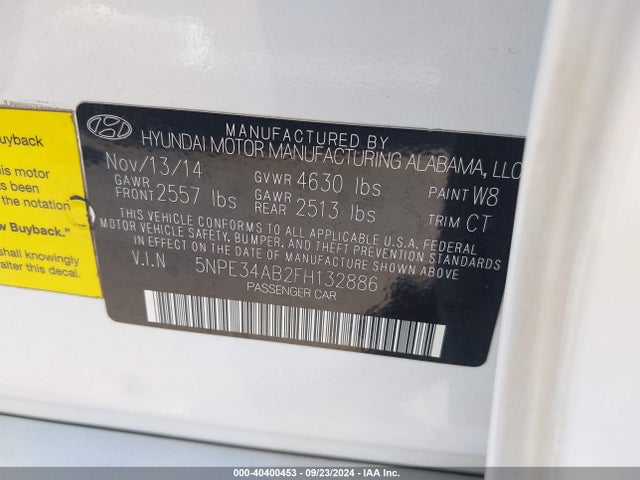 Hyundai Sonata Limited 2.0t 2015 5NPE34AB2FH132886 Image 9