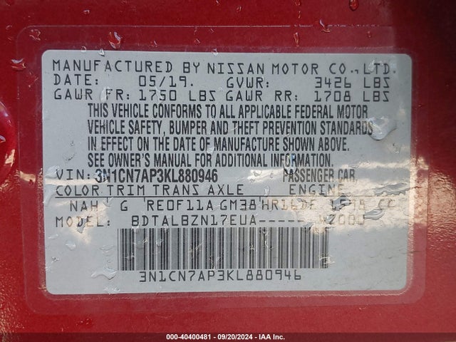 Nissan Versa 1.6 Sv 2019 3N1CN7AP3KL880946 Image 9