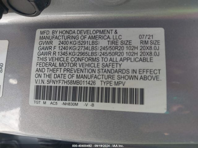5FNYF7H58MB011426 Honda Passport 2wd Ex-l