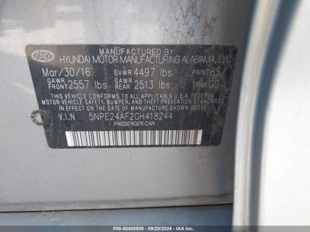 5NPE24AF2GH418244 Hyundai Sonata