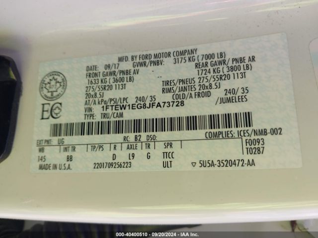 1FTEW1EG8JFA73728 Ford F-150 Platinum