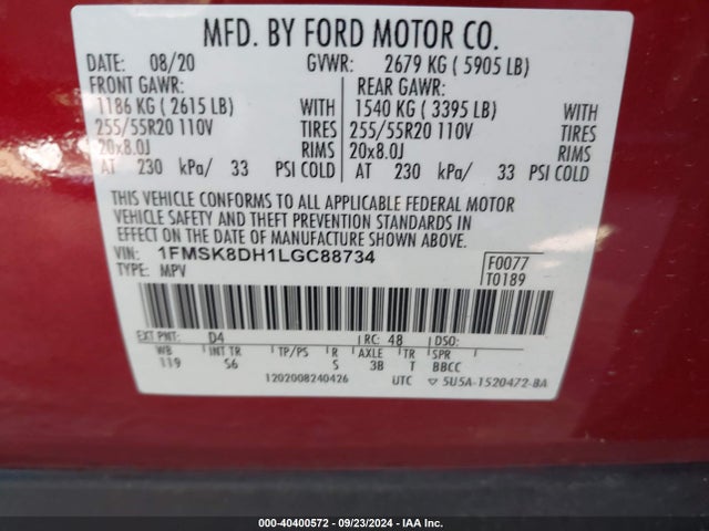 Ford EXPLORER XLT 2020 1FMSK8DH1LGC88734 Image 9