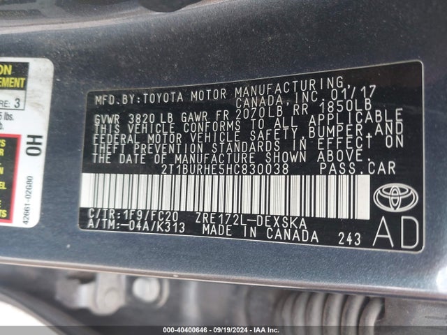 Toyota COROLLA SE 2017 2T1BURHE5HC830038 Image 9