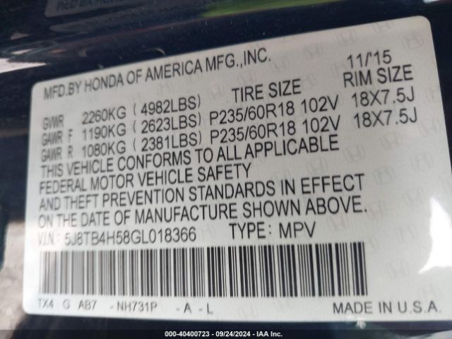 5J8TB4H58GL018366 Acura RDX