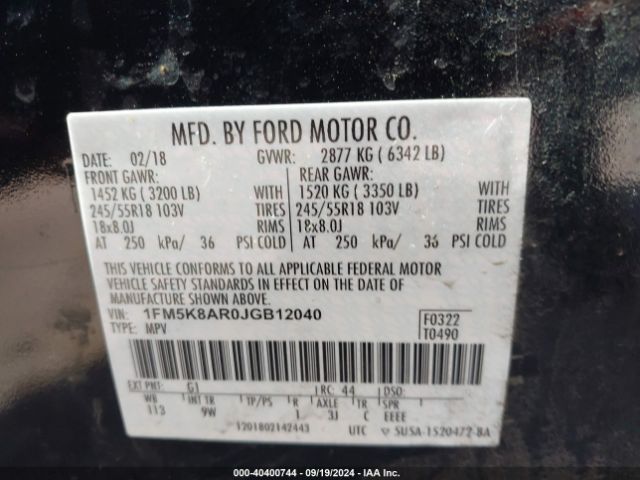 1FM5K8AR0JGB12040 Ford Police Interceptor Utility