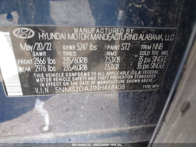 5NMS2DAJ1NH468408 Hyundai Santa Fe Sel