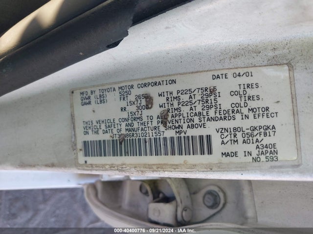 2001 Toyota 4runner Sr5 V6 მანქანა იყიდება აუქციონზე, vin: JT3GN86R310211557, აუქციონის ნომერი: 40400776