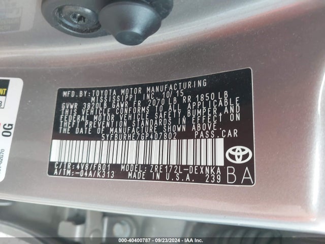 Toyota Corolla Le Plus 2016 5YFBURHE7GP407802 Image 9