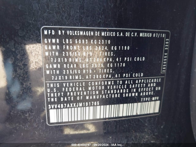 3VV4B7AXXJM191765 Volkswagen Tiguan 2.0t Sel Premium