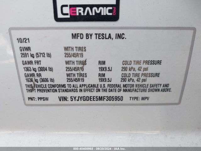 2021 TESLA MODEL Y 5YJYGDEE5MF305950 Photo 8