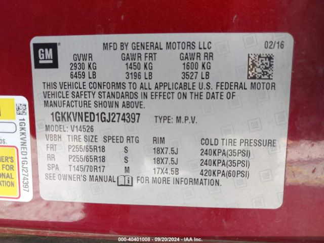 1GKKVNED1GJ274397 GMC Acadia Sle-1